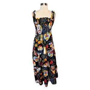 August Sky Tiered Midi Dress M Square-Neck Petite Blue Smocked Printed